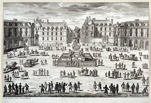 Vy över Place des Victoires i Paris med statyn av Ludvig XIV rest av marechal de la Feuillade 1686. Gravyr av 1600-talets Paris, Musee Carnavalet av Unknown artist