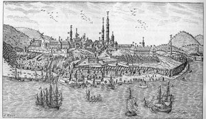Utsikt över Quebec City i Kanada (slutet av 1600-talet): A. Jardin du fort. B. Fortet. C. Pulverförråd. D. Les Recollets. E. Ursulines. F. Jesviterna. G. Katedralen. H. Seminariet. I. Hotel Dieu. L. Allmänna sjukhuset. Herr L
