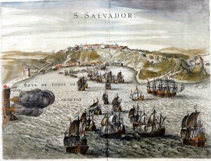 Utsikt över Salvador, tidigare känt som Bahia, Brasiliens huvudstad 1549, när den grundades - Gravyr av 1500-talet av Unknown artist