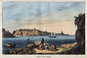 Vy över Valletta (Malta) på 1800-talet - gravyr från "" Seder och traditioner för alla folk i universum. Det vill säga historien om regeringen, om lagarna, om milisen, om religionen för alla nationer från de mest avlägsna tiderna till våra dagar "1856 av Unknown artist