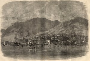 Utsikt över Victoria City i Hong Kong. Gravyr i "" The Illustrated London News"" av 14 mars av Unknown artist