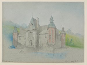 Vy över ett slott vid en flod av Unknown artist