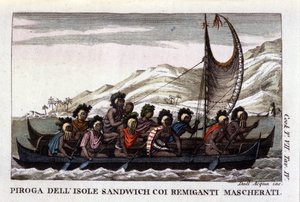 Utsikt över en kanot med segel från Hawaiiöarna i Polynesien, besättningen bär typiska masker. Litografi från början av 1800-talet av Unknown artist
