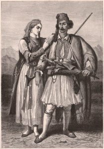 Vy över ett par i albansk traditionell dräkt under 1800-talet av Unknown