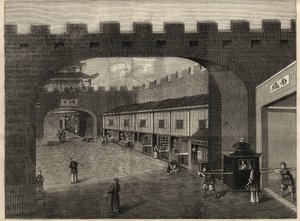 Vy över en gata i stadsmuren i Guangzhou, Kina. Gravyr i ""The Illustrated London News"" av 14 februari 1857. av Unknown artist