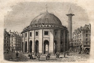 Vy över halle au ble i Paris (byggd 1763-1769) och Medici-kolumnen, gravyr från början av 1800-talet - vete- och majsbyte i Paris (byggd 1763-1769), gravyr tidigt 1800-tal - Vue de la Halle au ble, placeras på nuvarande Hotel de Soisso av Unknown artist