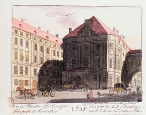 Utsikt över hovteatern nära Kärntenporten (Karntnertortheater eller Theater am Karntnertor) i Wien där Beethovens nionde symfoni först representerades den 07/05/1824. Österrike. Gravyr från 1815 privatsamling av Unknown artist