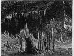 Utsikt över "Kyrkans sal"" i grottan i Dargilan (Lozere). Gravyr i "" La Nature. Revue des sciences et de ses applications aux arts et a l
