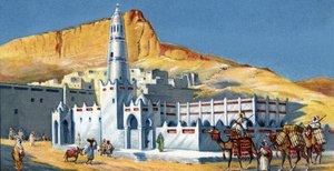 Vy över Horeda-moskén, Hadramaoutöknen, Jemen (Horeda Mosque Hadramaut Yemen) 1930-tal kromolitografi Privat samling av Unknown Artist