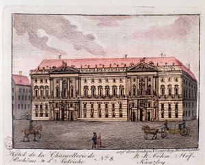 Utsikt över hotellet av kanslihuset i Boheme och Österrike i Wien, Österrike. Gravyr från 1815 privatsamling av Unknown artist