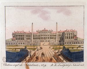 Utsikt över det kejserliga slottet Schonbrunn (Schonbrun) (1500-1600-talet) nära Wien, Österrike Gravyr av 1815 privat samling av Unknown artist