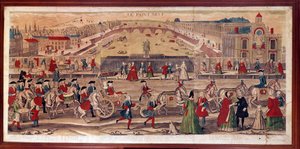 Utsikt över Pont-Neuf i Paris Du kan också se Hotel de Conty, klostret Saint Germain des Pres, College of Four Nations, Invalides, Mont du Calvaire, Quai d
