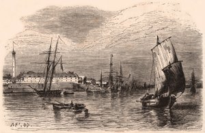 Utsikt över hamnen i Lorient, Morbihan, Bretagne, Frankrike: segelbåtar och båt i förgrunden, hamnbyggnader och fyr i bakgrunden av Unknown