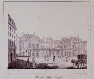 Utsikt över det kungliga palatset i Paris. Gravyr från 1820 Privat samling av Unknown artist