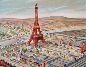 Utsikt över världsutställningen med de olika paviljongerna och Eiffeltornet av Unknown artist