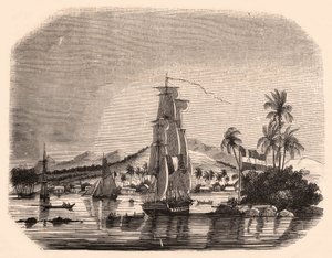 Utsikt över bukten Papeete och block Queen, Tahiti, Franska Polynesien och i förgrunden segelbåtar och båtar av Unknown