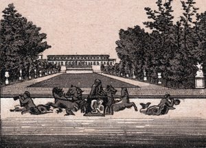 Utsikt över slottet i Versailles (Palais of Versailles), Frankrike. i "" Världen illustrerar 168 vyer"" Odaterat (slutet av 1800-talet) av Unknown artist