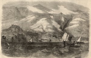 Utsikt över staden Funchal på ön Madere (Madeira) i Portugal. Gravyr i "" The Illustrated London News"" av 29 februari av Unknown artist