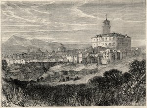 Utsikt över staden Monterotondo (Monte Rotondo, Monte-Rotondo) i Italien. Gravyr i "" L