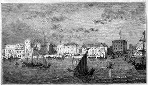 Utsikt över staden Zanzibar i Afrika. Till vänster det franska konsulatet. Till höger, sultanens palats och arsenalen. Gravyr i "The Universe illustrious" av Unknown artist