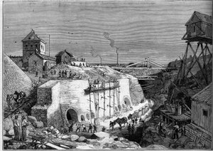 Utsikt över byggarbetsplatsen för Villejuifs dricksvattentankar. Gravyr i "" Le Monde Illustré"" nr 1300 den 25 februari av Unknown artist