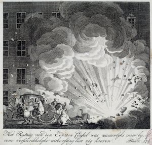 Vy över explosionen av den infernaliska maskinen på rue Saint Nicaise i Paris på 3:e nivose an IX. Infernalmaskinens konspiration är en konspiration för att döda Napoleon Bonaparte, den nye förste konsulen efter statskuppen den 18 Brumaire. En in av Unknown artist