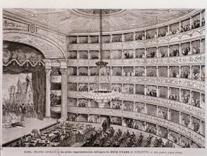 Vy över den första föreställningen av operan Hertigen av Alba, på Teatro Apollo, Rom av Unknown artist