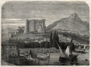 Utsikt över forten i La Spezia i Italien. Gravyr i "The Illustrous Universe" av Unknown artist