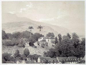 Vy över husen tagna från Boulevard de la Comedie i Saint Pierre på Martinique på Antillerna. Tryck efter fotografi från slutet av 1800-talet Chartres musee des Beaux Arts av Unknown artist
