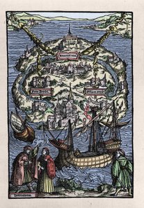Utsikt över ön Utopia (Utopia) från Thomas Mores bok (1478-1535), "" Den optimala statusen för den republik som nyligen isolerade Utopia". Graverad av Johann Froben. 1518. av Unknown artist