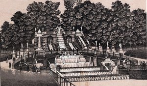 Vy över det stora vattenfallet i parken Saint Cloud (Saint-Cloud), Frankrike. i "" Världen illustrerar 168 vyer"" Odaterat (slutet av 1800-talet) av Unknown artist