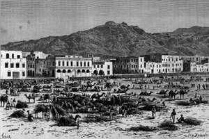 Vy över marschen av Aden i Abessinien. Gravyr omkring 1880 av Unknown artist