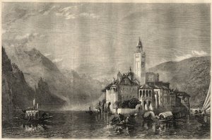Utsikt över klostret Mater Ecclesiae på ön Saint Jules (Saint Jules) (San Giulio) vid Ortasjön (Lake Cusio) i Italien. Gravyr efter en målning av William Collingwood Smith (1815-1887). I "The Illustrated London News" den 22 mars av Unknown artist