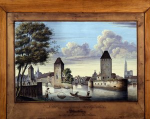 Utsikt över de gamla befästningarna i Strasbourg på sidan av flodens inlopp - målning på glas av Unknown artist