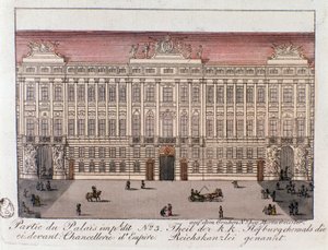 Utsikt över den del av det kejserliga palatset som heter Imperiets kansli i Wien. Österrike. Gravyr från 1815 privatsamling av Unknown artist