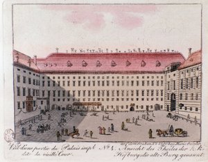 Utsikt över den del av det kejserliga palatset som heter Gamla hovet i Wien. Österrike. Gravyr från 1815 privatsamling av Unknown artist