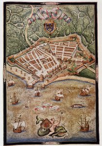 Utsikt över hamnen i Le Havre 1583 - från ett upplyst manuskript av Jacques Delvaux, pilot av flottan, tillägnad amiral de Joyeuse av Unknown artist