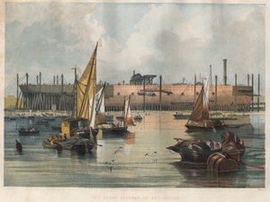 Vy över det transatlantiska linjefartyget "Great Eastern" (Leviathan) under konstruktion på Thames Shipyard i London. Gravyr i "" The illustrated London News "" av den 7 november 1857. av Unknown artist