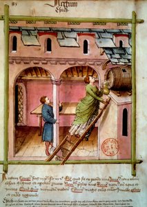 Vinäger: en ung kvinna fyller en kanna. Belysning från mjölkning av medicin och diet "" Tacuinum sanitatis"" av Unknown artist