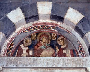 Jungfru mellan St Nicholas och St Lawrence (fresk av Unknown artist