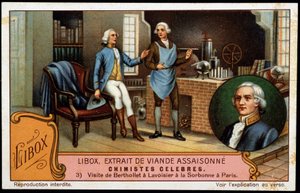 Besök av Berthollet i Lavoisier vid Sorbonne i Paris - reklametikett Libox. Chromolithogrpahie av 1800-talet. av Unknown artist