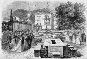 Besök av kejsar Francois-Joseph (1830-1916) och imponerande Elisabeth av Österrike (Sissi) (1837-1898) med Eugenie (1826-1920), imponerad av fransmännen och Napoleon III i kejsarresidensen Hellbrunn i Österrike den 21 augusti av Unknown artist
