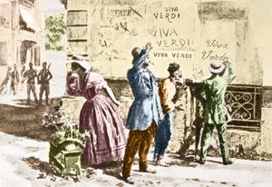 Viva Verdi: Entusiastiska inskriptioner för Giuseppe Verdi i Neapel (de två Siciliens rike) under den österrikiska ockupationen 1859, efter förbudet mot hans opera "Un Ballo in maschera" (V.E.R.D.I. (VERDI) = Vittorio Emanuele Re d
