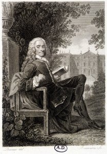 Voltaire läsning i en park - gravyr av Unknown artist
