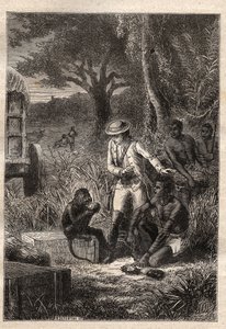Voyage dans la Caffrerie (Sydafrika) (1781) av Francois Levaillant (Le Vaillant) (1753-1824): Levaillant och hans apa degustateur Maitre Kees, som smakar på frukterna och rötterna för att verifiera att de är ätbara - illustration hämtad från "" Les Gra av Unknown artist