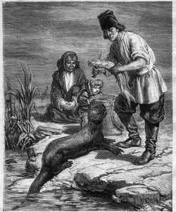 Alphonse Louis Pinarts resa i Nordamerika och Alaska - jakt och fiske i Alaska - gravyr i "Journal des Voyages" från 1884 av Unknown artist
