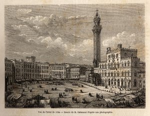Utsikt över rådhustorget i Siena, gravyr för att illustrera en resa till Siena (Italien) 1865, i "Le tour du monde, nouveau journal des voyages"" publicerad under ledning av Edouard Charton av Unknown artist