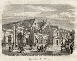 Vy över Konservatoriet för konst och hantverk (Cnam) i Paris, rue Saint Martin i Paris - (Vy över Konservatoriet för konst och hantverk i Paris - gravyr i "Dictionnaire populaire illustrious"" - 1864 - av Joseph Decembre och Edmond Allonier - av Unknown artist