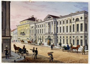 Exteriörvy av Hotel des Postes de Saint Petersburg (Album de Marie Taglioni) (Post Hotel in Saint Petersburg (Album of Marie Taglioni). Anonym etsning och akvarell, 1840-talet. Moskva, A.S. Pushkins statliga museum. av Unknown artist