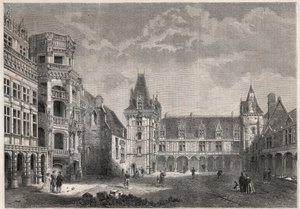 Exteriör vy av slottet Blois med den monumentala trappan - Gravyr i "" Le Monde Illustrie"" av Unknown artist